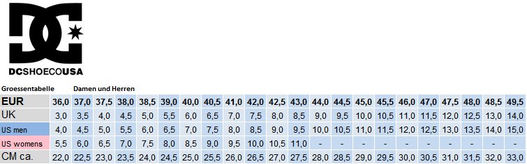 dc shoe size chart inches