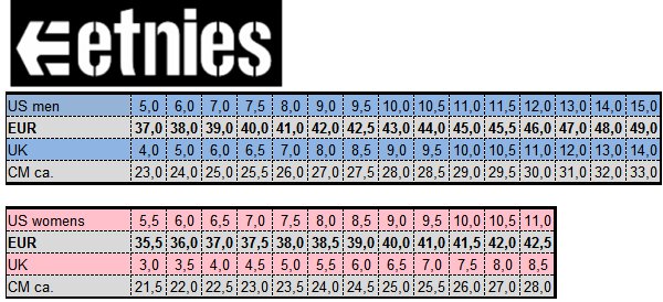 Etnies Shoes Size Chart Cm