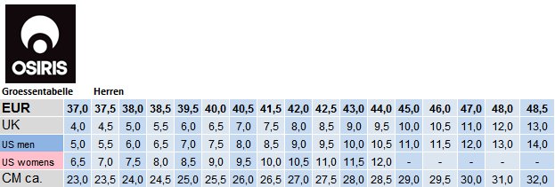 Osiris Size Chart