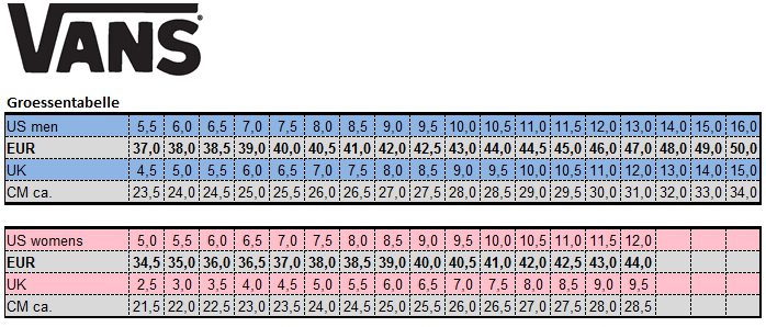 vans groessentabelle vans shoes size chart